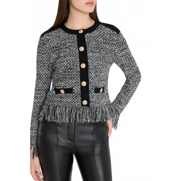 NEW MILLY textured fringe cardigan jacket in black/gold multi